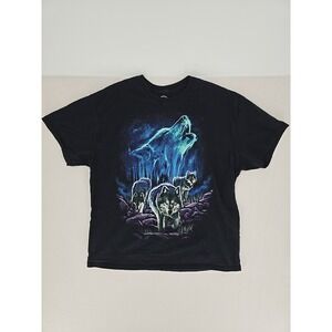 DOM Men T-Shirt Sz XL Black Wolf Howling Graphic Short Sleeve Crew‎ Neck Tee